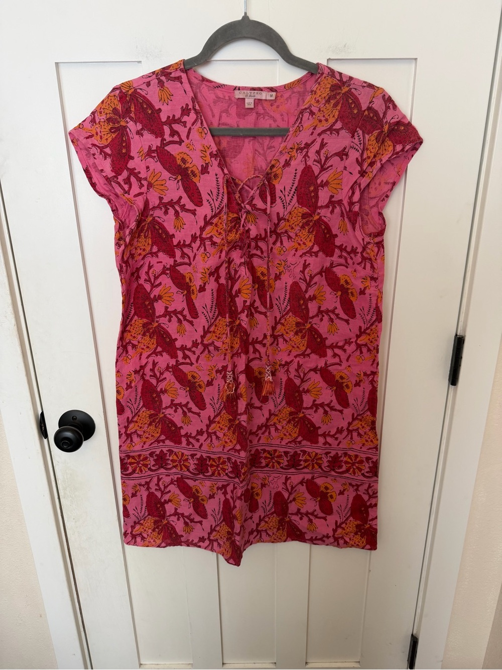 Calypso Pink Floral Cap Sleeve Dress Tassel Butterfly Print Size Medium Linen